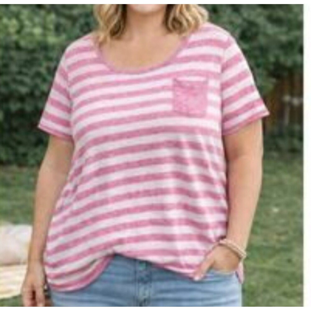 Lane Bryant Linen‎ blend pink white striped top Size 22/24 summer lightweight